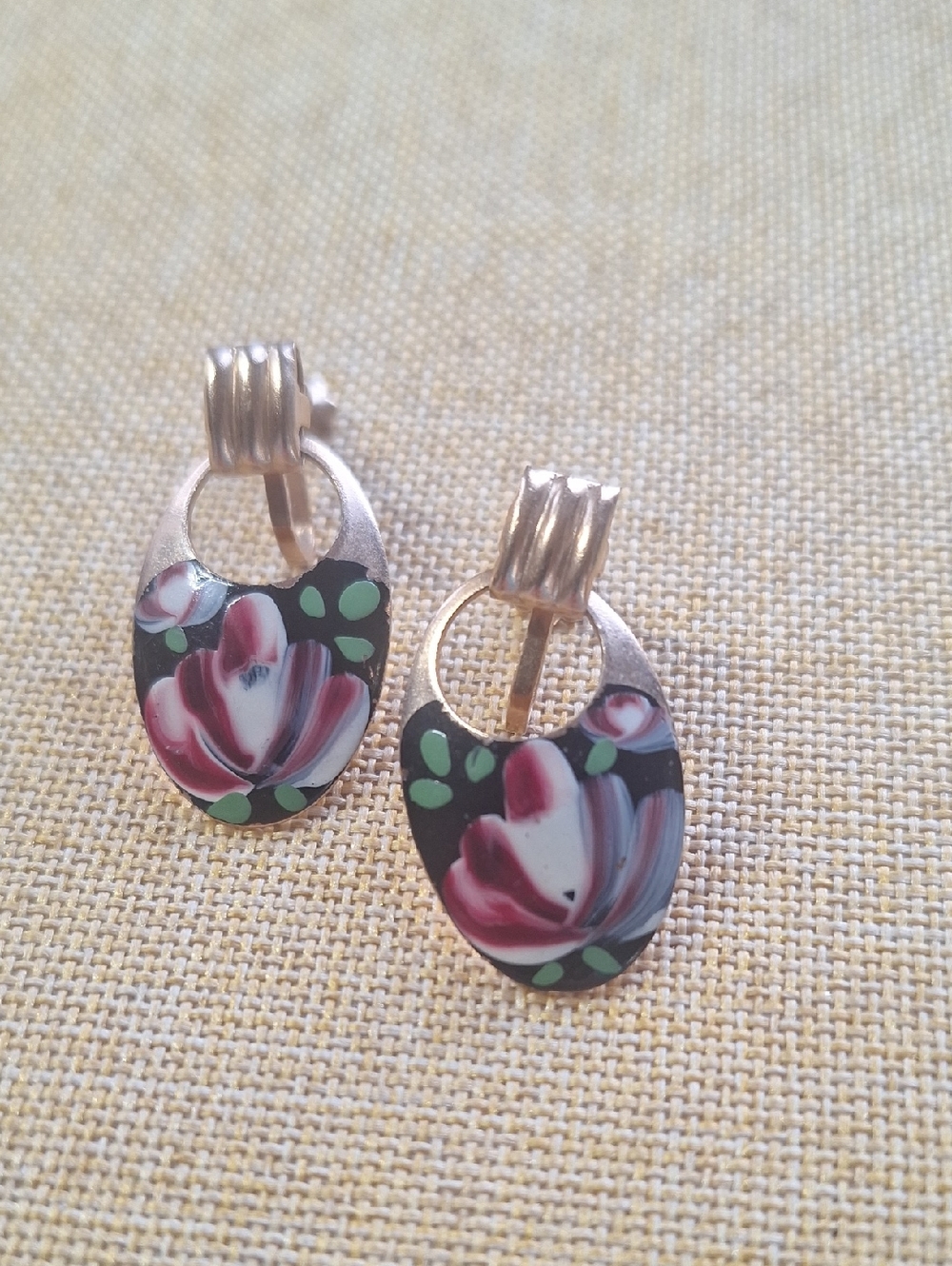 Hand-Painted Floral Drop Earrings - Black and Pink Screwbacks